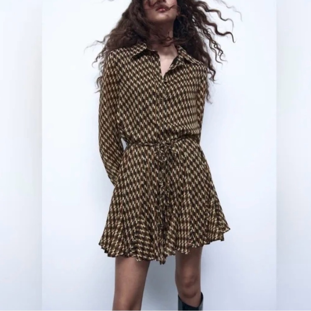 Zara | Dresses | Zara Retro Geo Print brown & Black button down tie dress XS